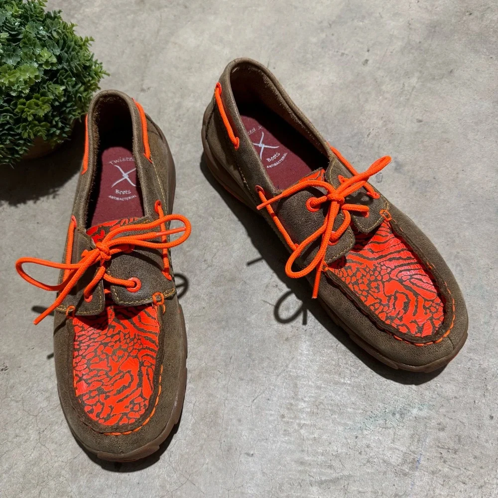 Twisted X Driving Moc Orange‎ Brown Leather Youth Size 6 Western Boho Festival